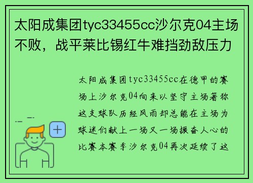 太阳成集团tyc33455cc沙尔克04主场不败，战平莱比锡红牛难挡劲敌压力